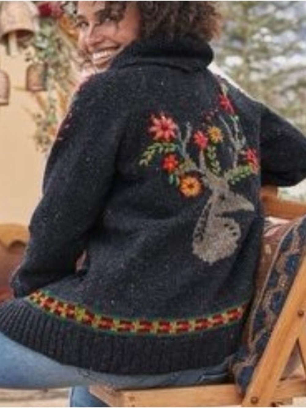 Wool Sweater Embroidered Deer HandCrafted in Nepal Thick Warm Lost Horizons Med